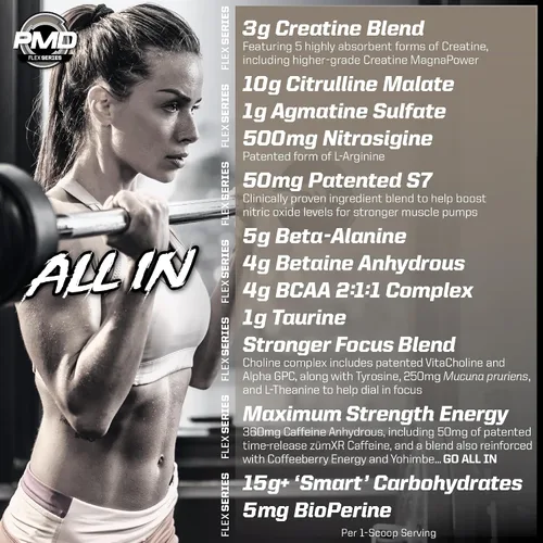 Vista 4 de PMD Sports Pump Fuel All in Insanity, Polvo Pre-Entreno Definitivo y Bomba Muscular, Energía de Máxima Fuerza, Concentración, Resistencia