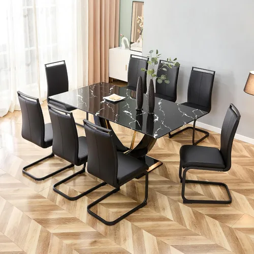 Vista 6 de Juego de mesa de comedor de 71 pulgadas para 8, juego de mesa de comedor de mármol sintético negro para 8, juego de mesa de cocina rectangular