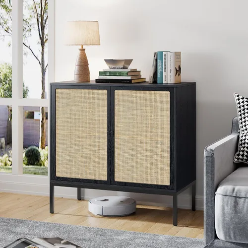 Vista 10 de Brafab Aparador negro con puertas decoradas de ratán natural, 31.5 pulgadas de ancho, armario de almacenamiento de ratán Credenza, gabinete bohemio