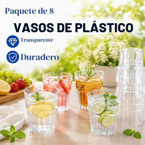 Vista 4 de Tebery Paquete de 8 vasos de plástico transparente, 8 onzas sin BPA, reutilizable, para agua potable, pequeño, apilable, irrompible