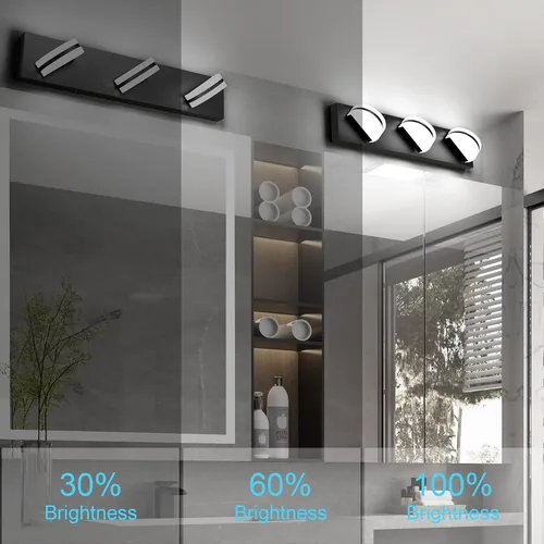 Vista 9 de Aipsun Lámpara de tocador negra moderna regulable, luz LED acrílica, 3 luces de pared de baño (luz blanca, 6000 K)