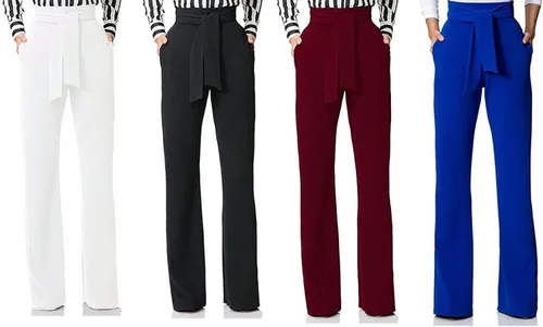 Vista 6 de LKOUS Pantalones elásticos de mujer, talle alto, pierna ancha, pantalones con botones