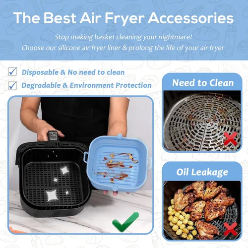 Vista 2 de [Paquete de 2] Forros cuadrados de silicona para freidora de aire – Cesta reutilizable para freidora de aire – Olla fácil de limpiar para freidora