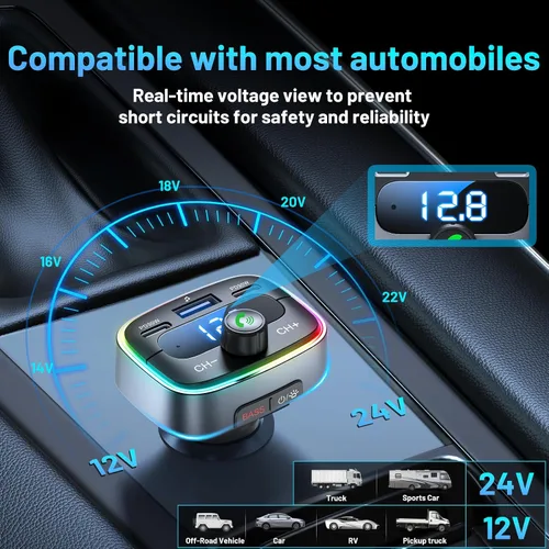 Vista 6 de Adaptador Bluetooth 5.4 de 60 W de carga USB Bluetooth adaptador para coche, radio transmisor FM inalámbrico, llamadas manos libres y receptor