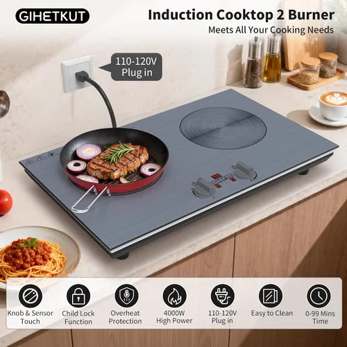 Vista 2 de GIHETKUT Placa de inducción de 2 quemadores, placa de inducción de 110 V 4000 W con panel cepillado, control de perilla, 9 niveles de potencia