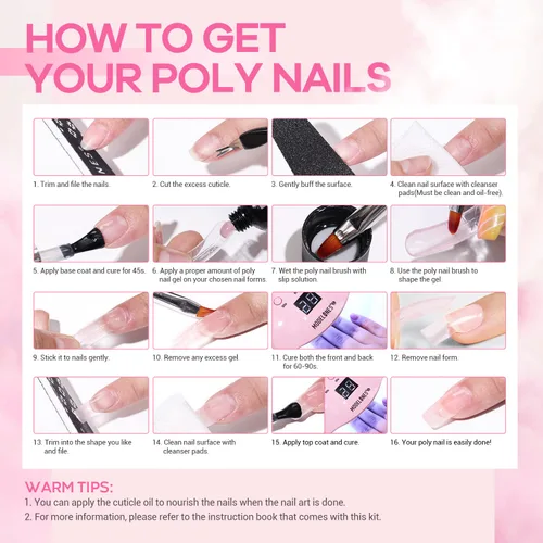 Vista 9 de Modelones – Kit de uñas de polygel, geles de construcción de uñas de 6 colores, kit de polygel para hacer extensiones de uñas rosa claro, blanco