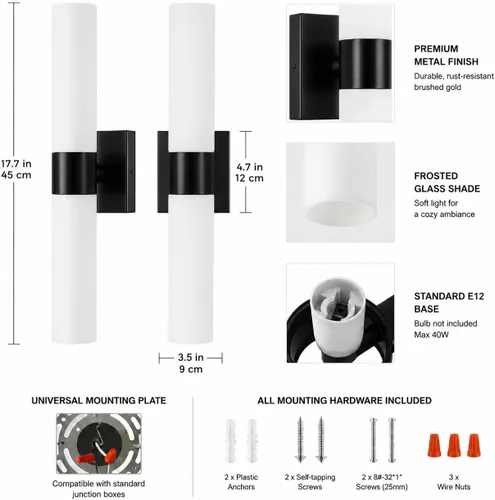 Vista 7 de Juego de 2 apliques de pared para baño con pantalla de vidrio esmerilado Negro