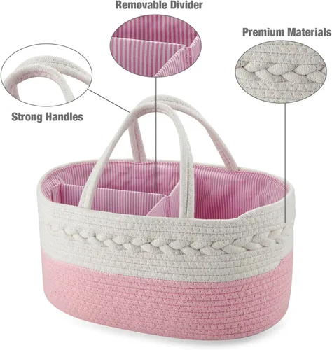 Vista 4 de PandaEar Organizador de pañales para bebé, cesta de almacenamiento de cuerda de algodón, organizador portátil de automóvil para baby shower, regalos