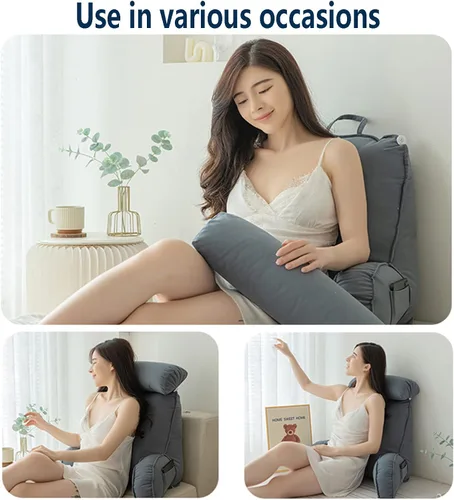 Vista 5 de Almohada de lectura con reposabrazos, almohada de apoyo para el respaldo, cojín de apoyo lumbar, con soporte para el cuello, con bolsillo, para Gris