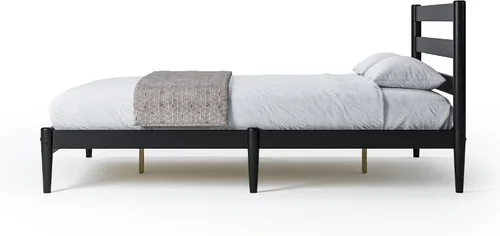 Vista 4 de Camaflexi Mid-Century - Cama de plataforma moderna, madera maciza, cabecera de listones, base de colchón de 10 listones de madera, no necesita Negro