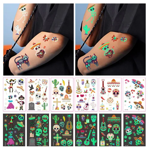 Vista 5 de 10 piezas de 100 tipos de tatuajes temporales luminosos de dibujos animados para niños, esqueletos de azúcar, esqueletos, piedras preciosas, flores