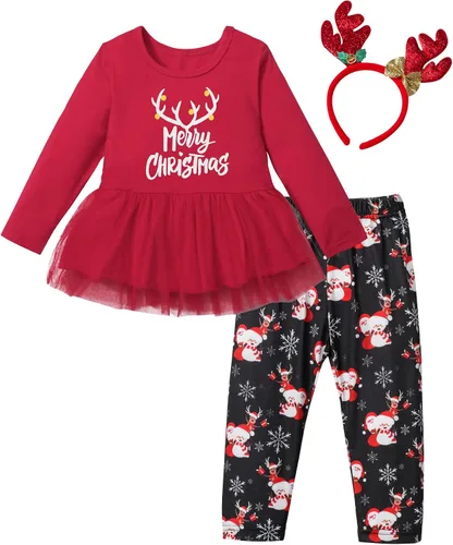 Vista 7 de Conjunto de 3 piezas de pantalones de Navidad para niñas pequeñas, diseño de ciervo y manga larga, regalos de Navidad para niñas