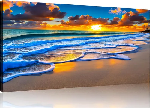 Vista 18 de TutuBeer 3 paneles de fotos de playa, arte de pared, diseño de mar azul, playa blanca al amanecer, imágenes impresas en lienzo, imágenes del océano