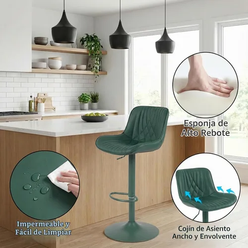 Vista 6 de YOUTASTE Juego de 2 taburetes de bar de piel sintética, todos los taburetes de bar tapizados de color verde oscuro con respaldo, silla giratoria