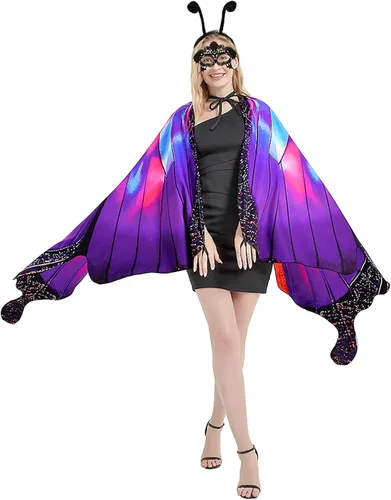 Vista 7 de Disfraz de mariposa de Halloween para mujeres y niñas, tamaño grande, alas de mariposa reversibles de doble cara para adultos y niños