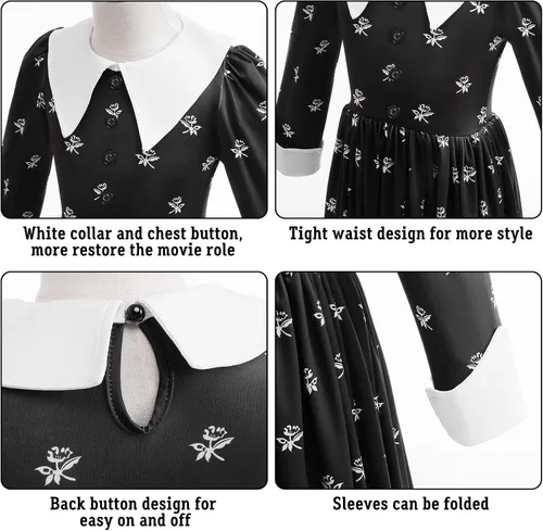 Vista 5 de Kid Black Halloween Costume Dress For Girl Cosplay Princess Halloween Outfit With Wig Bag Earrings Socks
