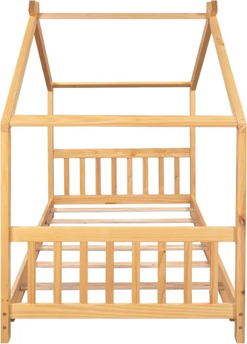 Vista 6 de Merax Cama de plataforma de casa de tamaño individual con cabecero y estribo, marco de cama de madera con diseño de techo para dormitorio,
