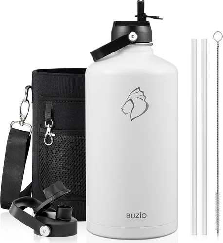 Vista 76 de BUZIO Botella de agua aislada de 24 oz, frasco de agua de boca ancha de acero inoxidable con tapa de pajita, frío durante 48 horas a prueba de Negro