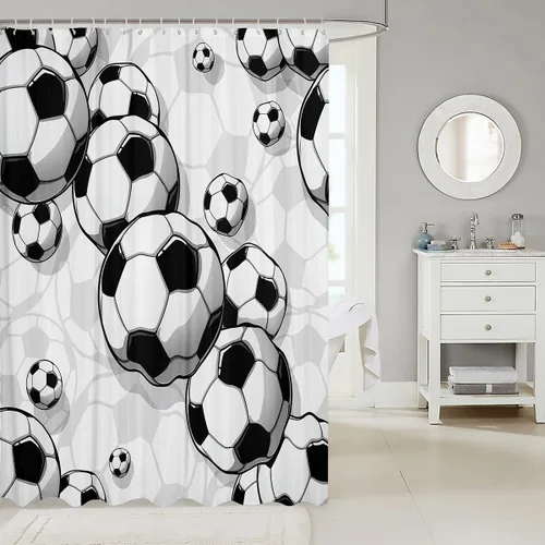 Vista 2 de Cortina de baño de fútbol para niños, juegos de cortina de ducha de juegos deportivos para niños, niñas, adolescentes, fútbol dibujado a mano, juego