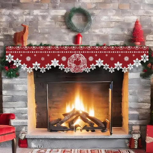 Vista 7 de Nuanchu Bufanda de mantel de Navidad de 96 x 18 pulgadas, bufanda roja iluminada para chimenea con decoración de corona de copo de nieve, cubierta