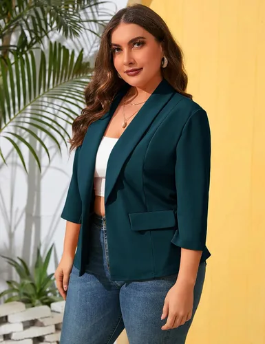 Vista 4 de ShopWonder Blazer casual con bolsillos para mujer, talla grande, para oficina, frente abierto, manga 34, cárdigans, chaqueta de trabajo