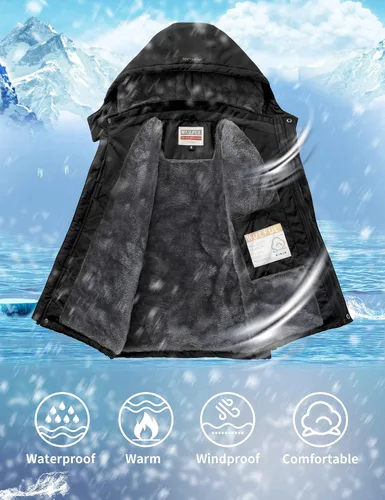 Vista 3 de WULFUL Chaqueta de esquí impermeable para niño, abrigo de invierno con capucha de forro polar cálido para nieve
