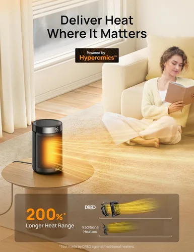 Vista 4 de Dreo - Calefactor eléctrico portátil de interior, con termostato, pantalla digital, temporizador 1-12 h, modo ecológico/ventilador, 1500 W PTC