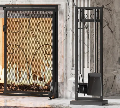 Vista 8 de Kingson Juego de herramientas para chimenea de 5 piezas – 30.5" Diseño de volutas negras, accesorios de chimenea de servicio pesado para chimeneas