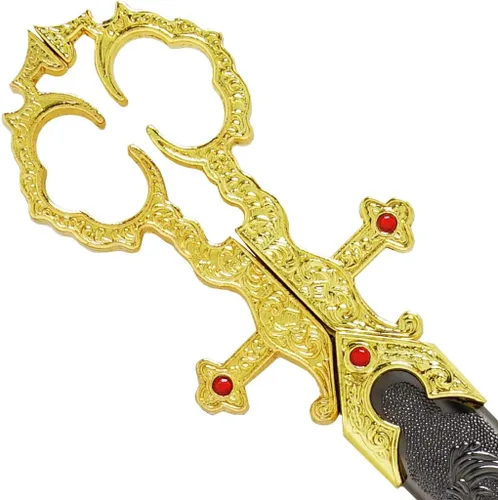 Vista 6 de Fantasy Edge - Cuchillo de tijera medieval renacentista de 10 1/4 pulgadas, mango dorado con funda de aluminio, hoja de acero inoxidable