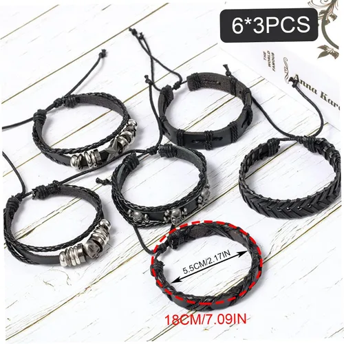 Vista 3 de Black Leather Bracelet, 6Pcs/Set Adjustable Braided Soft Elastic Goth Bracelets, Rock Punk Halloween Skull Bracelet for Men Women