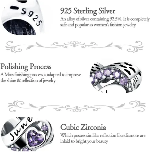Vista 5 de Abalorio de piedra natal de noviembre de plata de ley 925 para pulsera, collar, día de la madre (junio), Plata esterlina