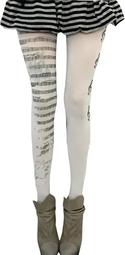 Vista 7 de Medias para Mujer Whimsy Twee Piano: Medias con Patrón Funky, Ropa Emo Gótica, Estética Y2K