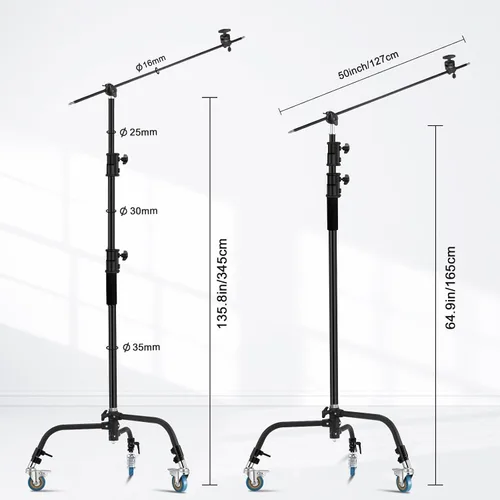 Vista 4 de Soporte C resistente de 11.3 pies/135.8 in, soporte de luz ajustable Century con brazo de brazo de sujeción de 4.2 pies, ruedas para estudio