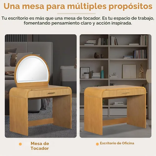 Vista 4 de Montary Mesa de tocador de maquillaje de 39 pulgadas con espejo iluminado con pantalla táctil, tocador de madera de goma con cajón grande