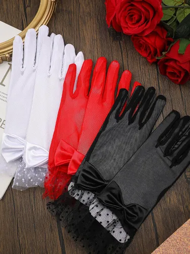 Vista 7 de Geyoga 3 pares de guantes de encaje con lazo de leopardo para mujeres y niñas, elegantes guantes cortos de seda, guantes de fiesta de té para cenas