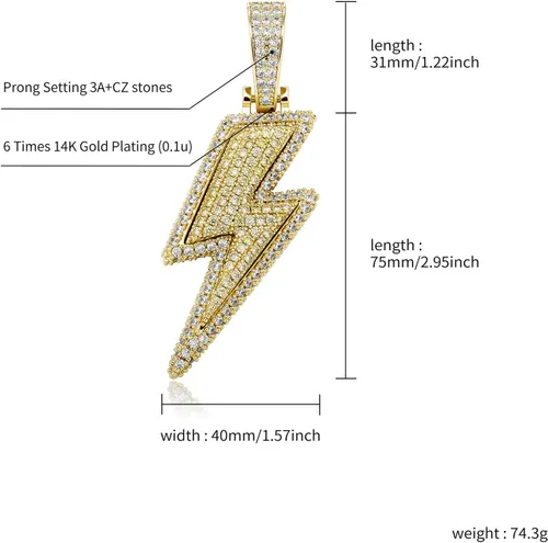 Vista 9 de JINAO Hip Hop - Colgante con diseño de rayo chapado en oro de 18 quilates con circonita cúbica con micropave de imitación de diamante para hombres