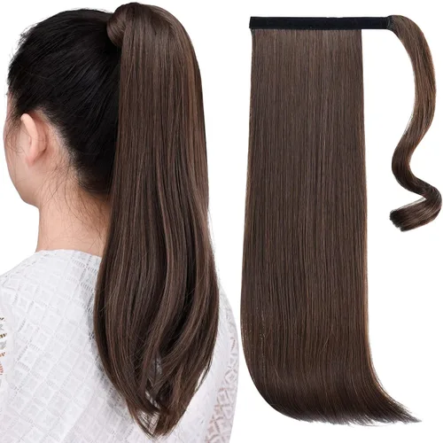 Vista 10 de Extensiones de cola de caballo, extensión de cola de caballo negra de 16 pulgadas, corta, ondulada, rizada, envolvente, resistente al calor