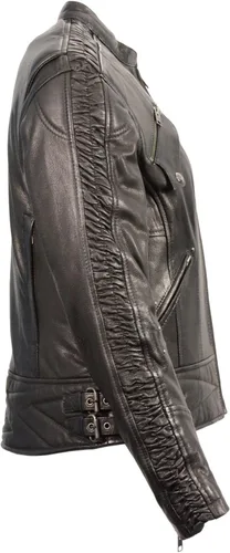 Vista 3 de Chaqueta de cuero negro para mujer con brazo arrugado DETALILIING