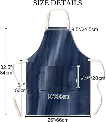 Vista 3 de Adjustable Bib Apron for Women Men, 80% Cotton Striped Cooking Apron with Large Pocket, Water Repellent