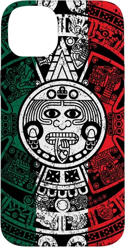 Vista 15 de Funda para iPhone 17 con calendario maya azteca con diseño de piedra solar envejecida de la bandera de México