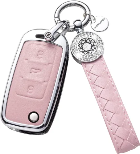 Vista 52 de Funda para llave inteligente con llavero, de piel auténtica color rosa, con cristales, carcasa protectora