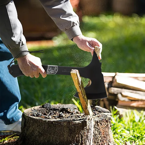 Vista 5 de Hacha de camping con vaina de cuero – Tomahawk de supervivencia compacta de 13" con tang completo y mango de madera para senderismo, supervivencia