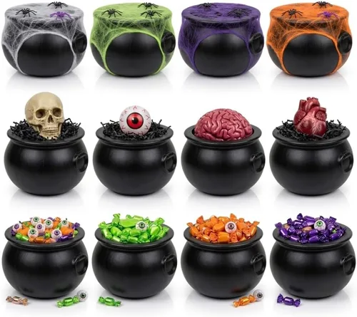 Vista 10 de PMU 2 piezas de caldero de Halloween – 10 pulgadas, 8 pulgadas, cuenco de caldero de plástico de bruja negro, para decoración de Halloween