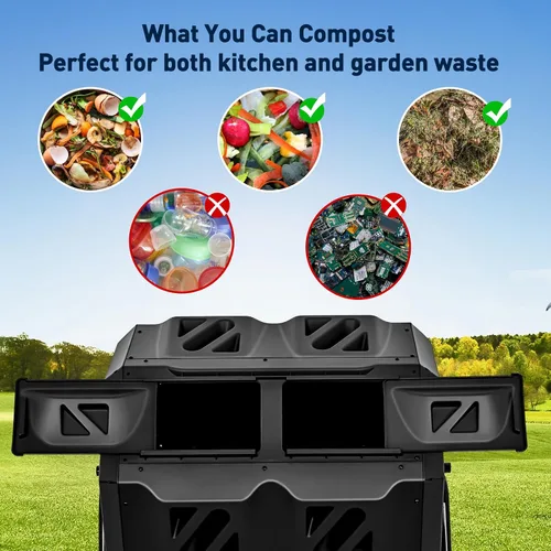Vista 8 de Yesker Contenedor de compostaje de doble cámara para exteriores, compostador giratorio de 43 galones con puertas correderas, montaje rápido