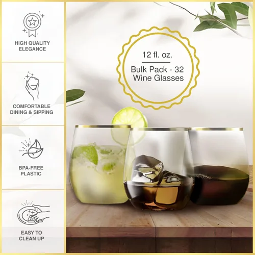 Vista 2 de Paquete de 32 copas de vino de plástico sin tallo, desechables, borde dorado de 12 onzas, inastillables, reciclables y sin BPA, elegantes vasos