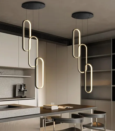 Vista 6 de Lámpara de Araña de Anillo Moderna LED Regulable Luz de Techo para Isla de Cocina Sala de Estar Escaleras Comedor Negro