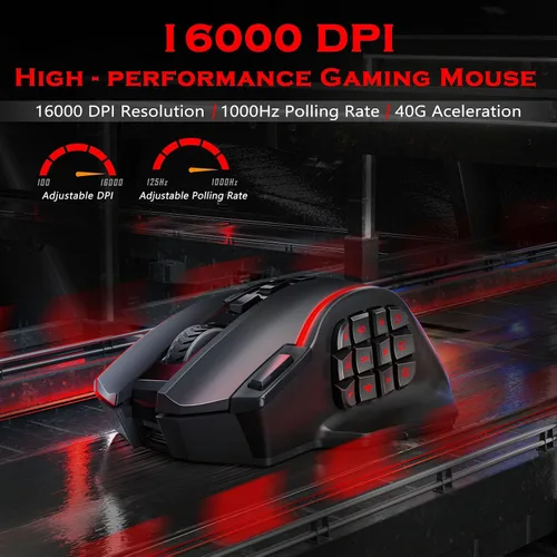 Vista 2 de Redragon Mouse inalámbrico para juegos, mouse MMO para juegos de hasta 16,000 DPI, 16 botones programables macro, recargable RGB con 12 botones