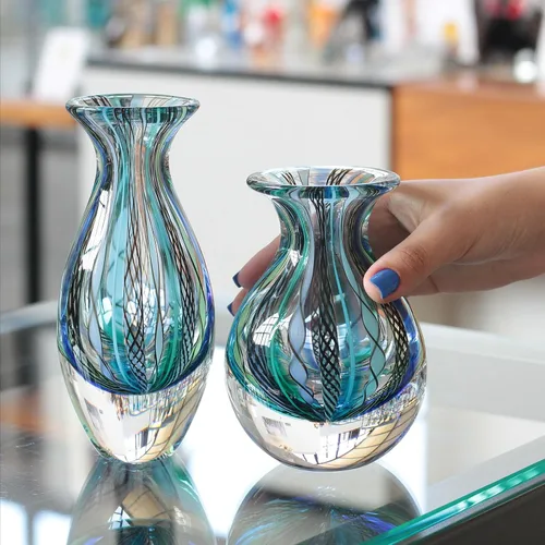 Vista 3 de Ca D Oro Par de Jarrones Pequeños de Vidrio Boho con Cañas Azules/Verdes Vidrio Arte Murano Soplado a Mano - Modelos Nº 2/3