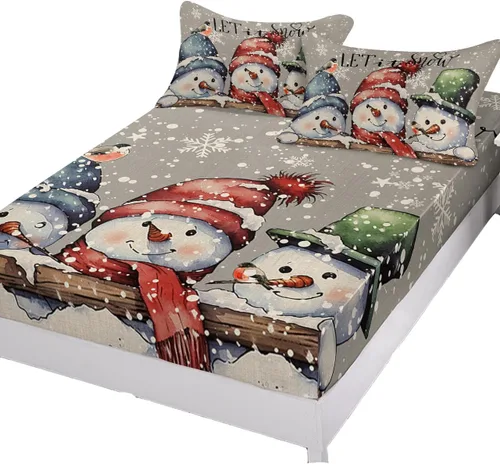 Vista 2 de Juego de sábanas bajeras de tamaño individual para colchón de bolsillo profundo de 5 a 16 pulgadas, diseño de muñeco de nieve suave de Navidad e