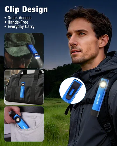 Vista 8 de WORKPRO linterna recargable de trabajo, linterna de bolsillo plana de 600 lúmenes con luz UV, base magnética y clip, linterna LED EDC delgada